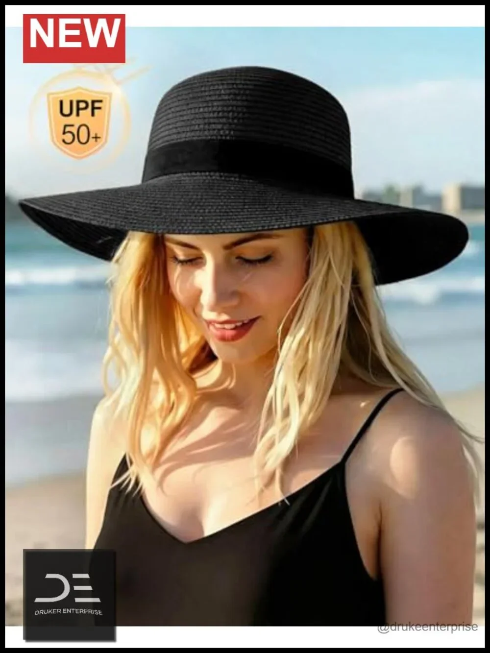 Wide Brim Straw Sun Hat with UV Protection, Packable for Women